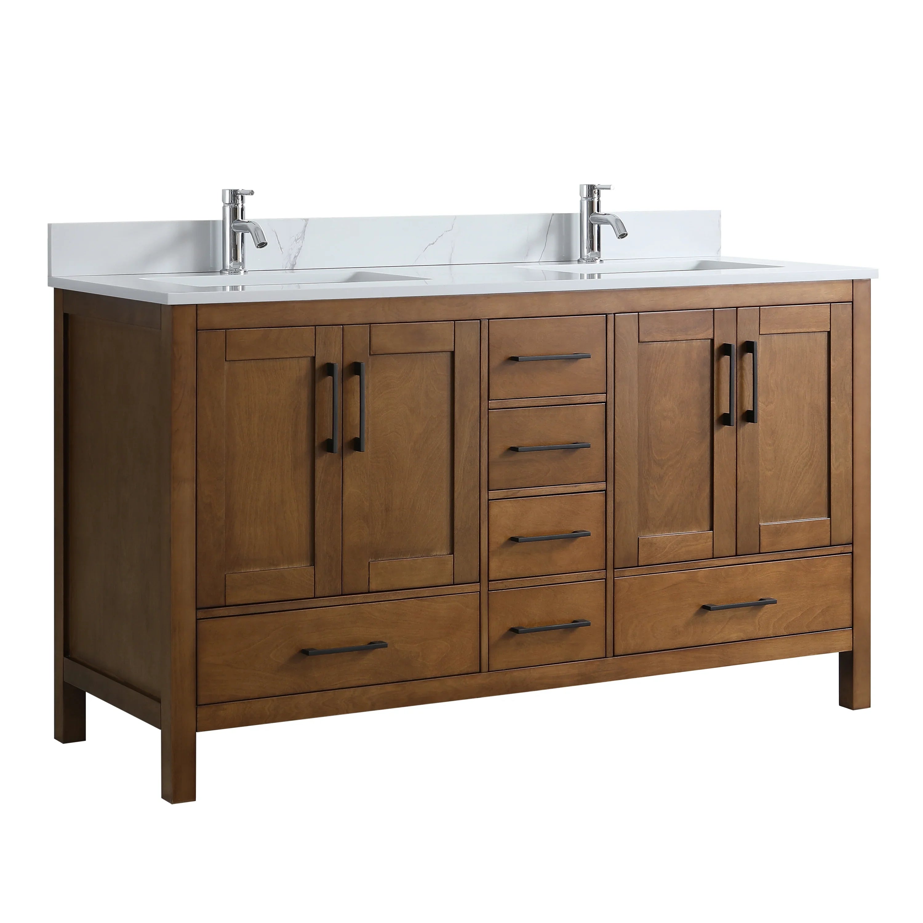 Meuble-lavabo double sur pied en noyer de 60 pouces avec comptoir en marbre reconstitué de Calacatta