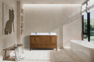 Meuble-lavabo double sur pied en noyer de 60 pouces avec comptoir en marbre reconstitué de Calacatta