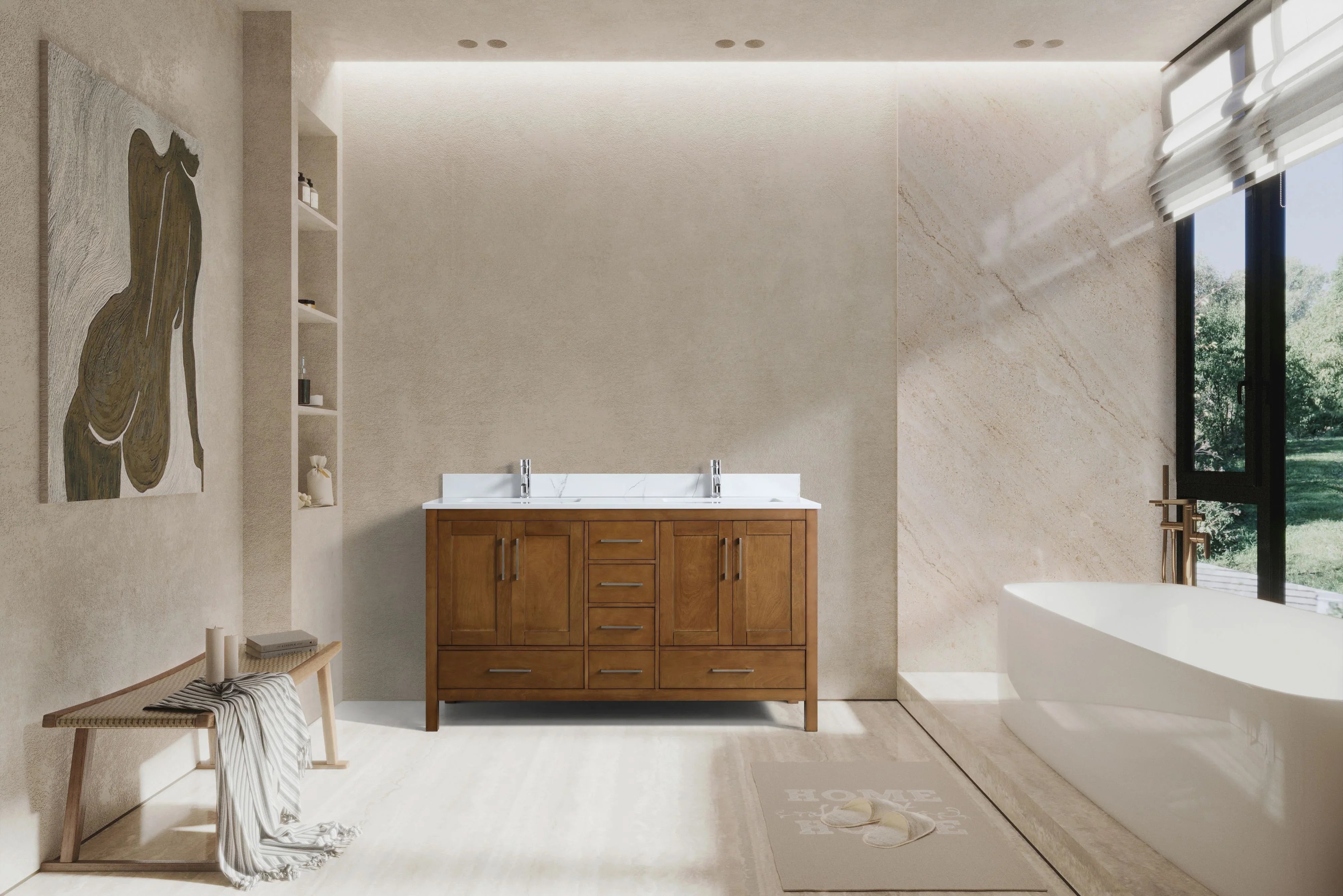 Meuble-lavabo double sur pied en noyer de 60 pouces avec comptoir en marbre reconstitué de Calacatta