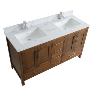 Meuble-lavabo double sur pied en noyer de 60 pouces avec comptoir en marbre reconstitué de Calacatta