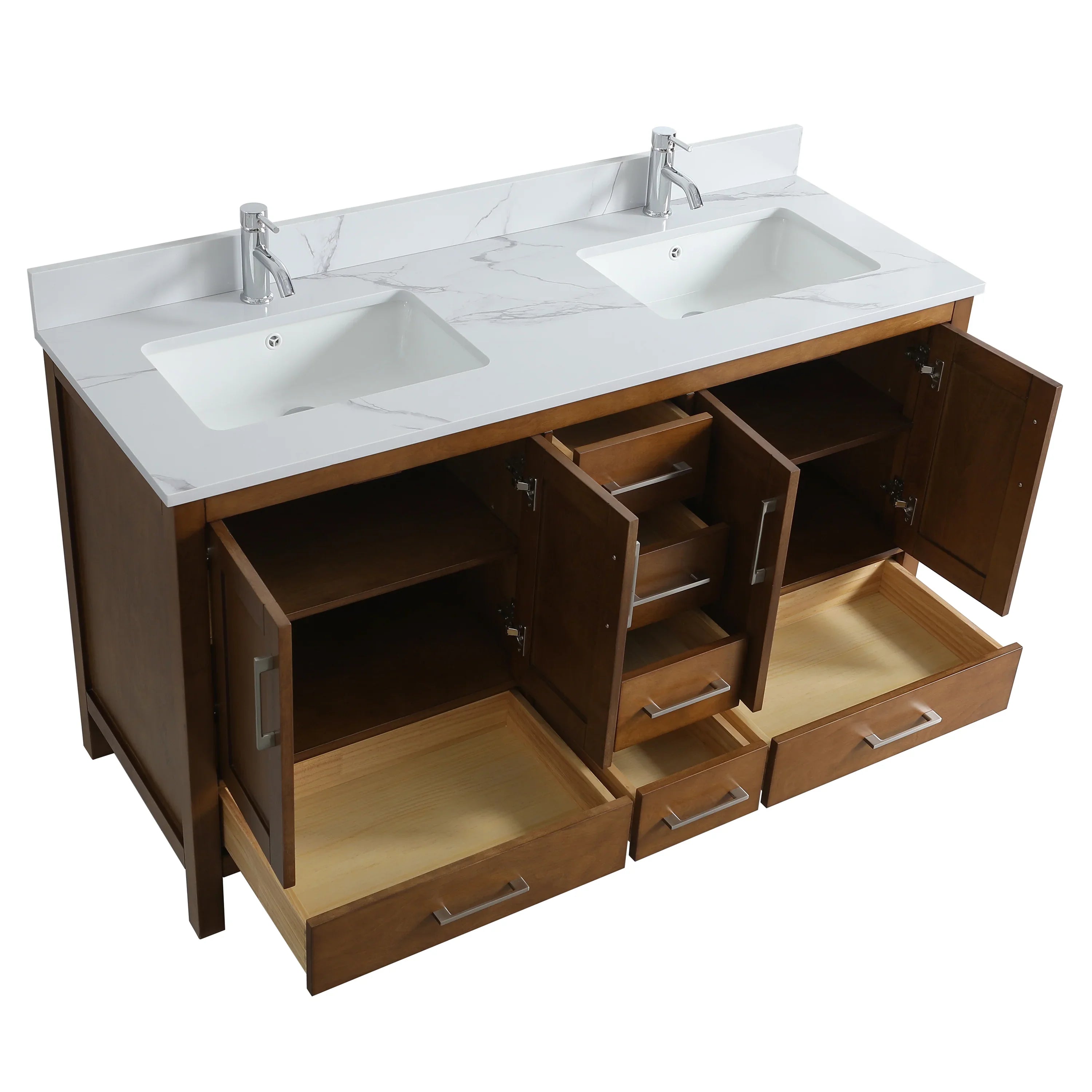 Meuble-lavabo double sur pied en noyer de 60 pouces avec comptoir en marbre reconstitué de Calacatta