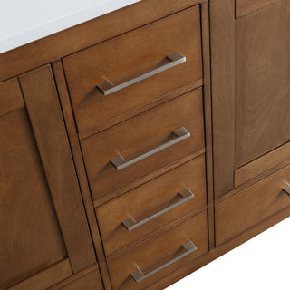 Meuble-lavabo double sur pied en noyer de 60 pouces avec comptoir en marbre reconstitué de Calacatta