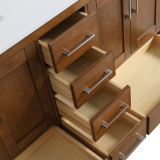 Meuble-lavabo double sur pied en noyer de 60 pouces avec comptoir en marbre reconstitué de Calacatta