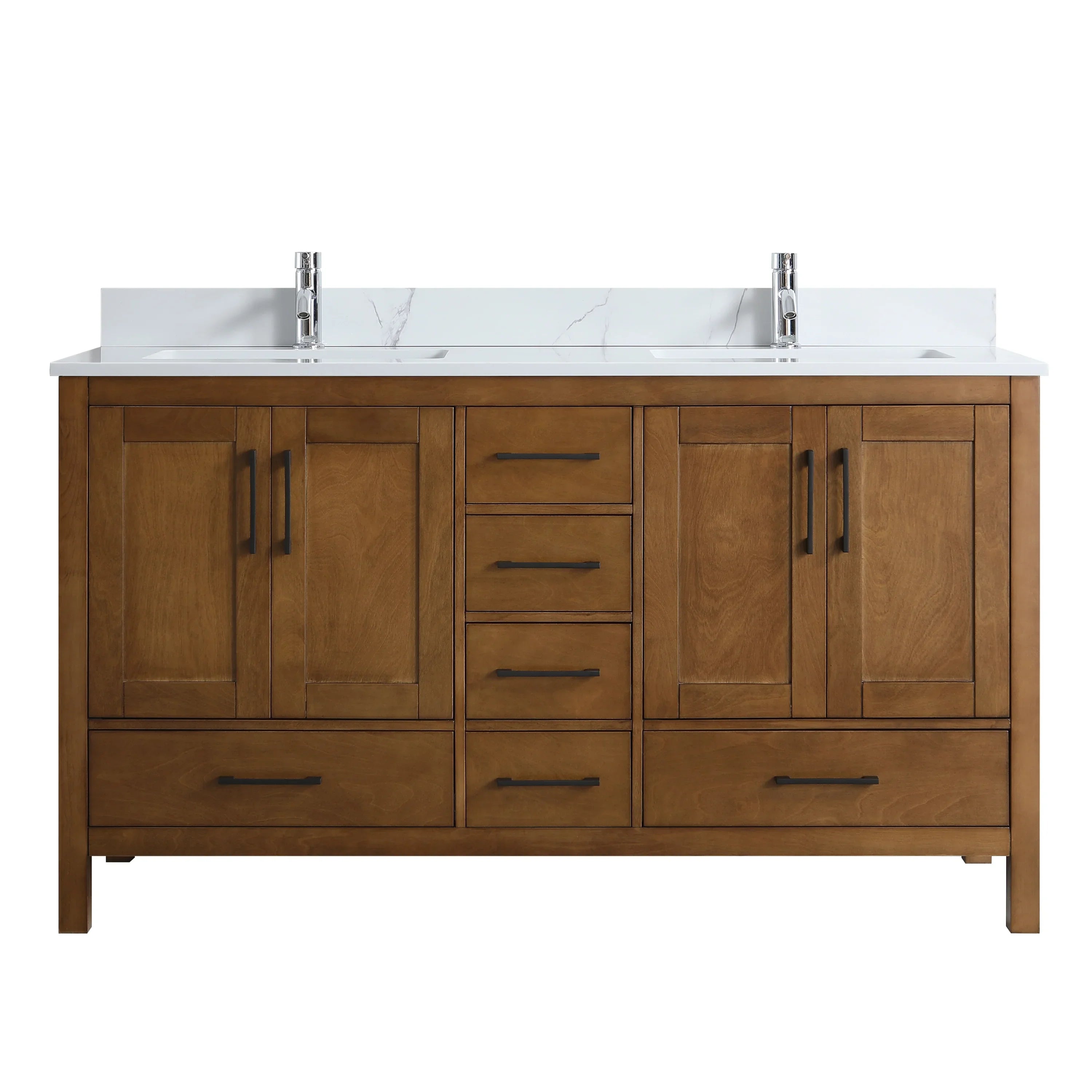 Meuble-lavabo double sur pied en noyer de 60 pouces avec comptoir en marbre reconstitué de Calacatta