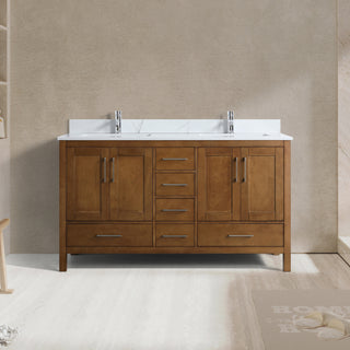 60" Walnut Freestanding Double Sink Bathroom Vanity with Engineered Calcutta Marble Countertop