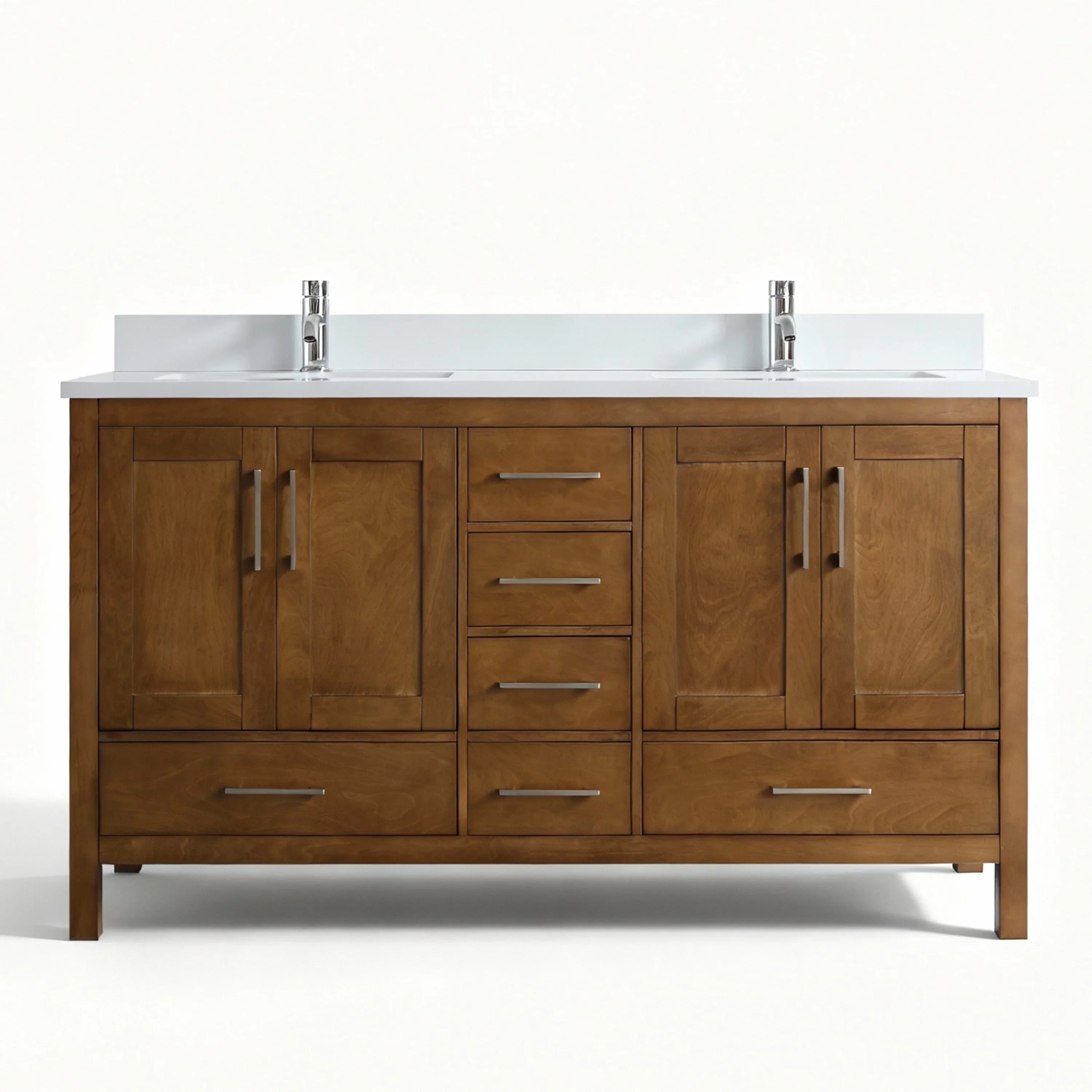 60" Walnut Freestanding Double Sink Bathroom Vanity with Engineered White Marble Countertop