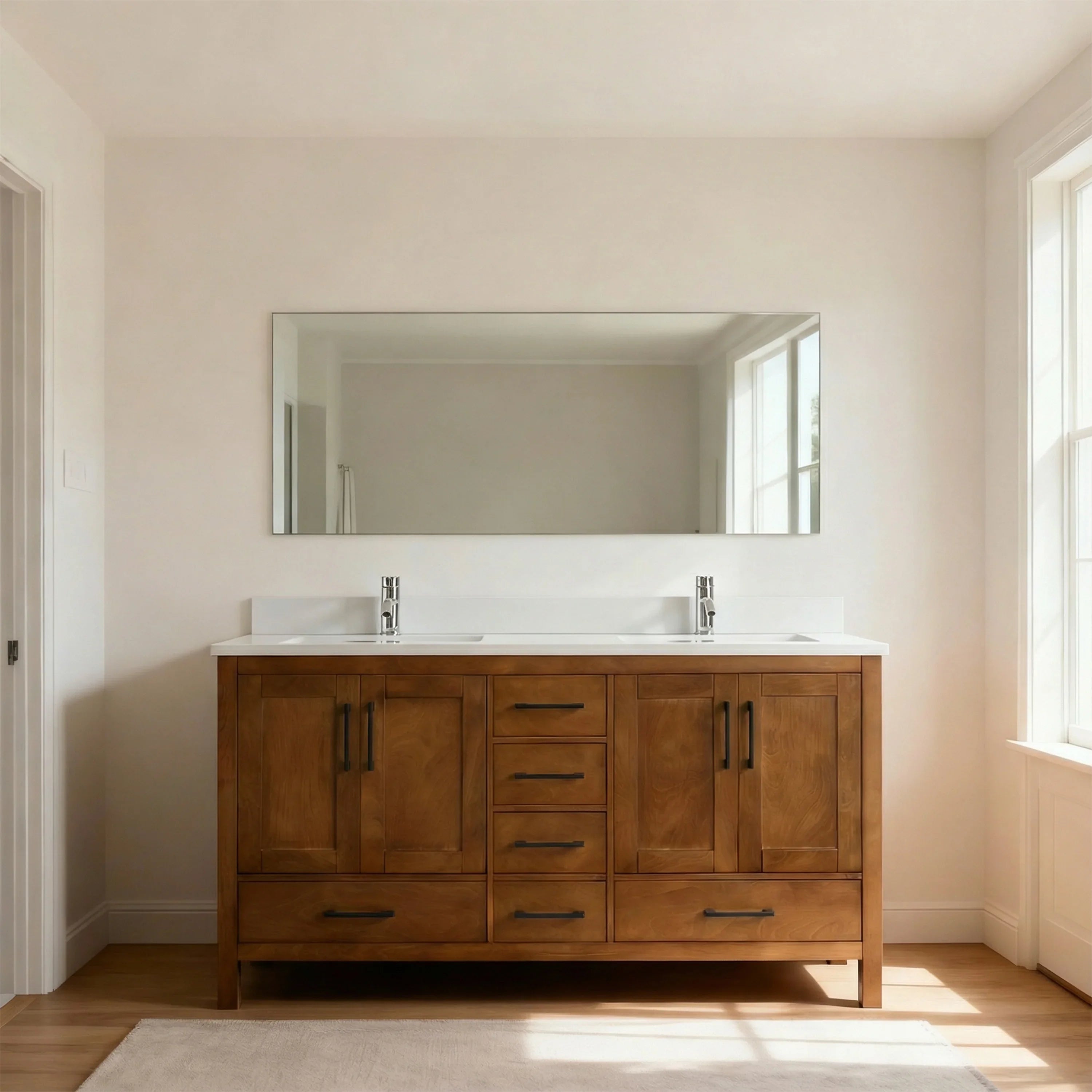 60" Walnut Freestanding Double Sink Bathroom Vanity with Engineered White Marble Countertop