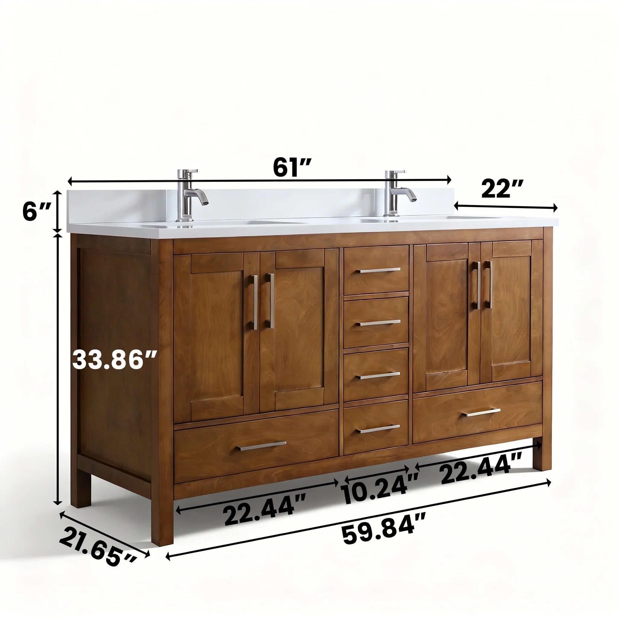 Meuble-lavabo double sur pied en noyer de 60 po avec comptoir en marbre blanc reconstitué