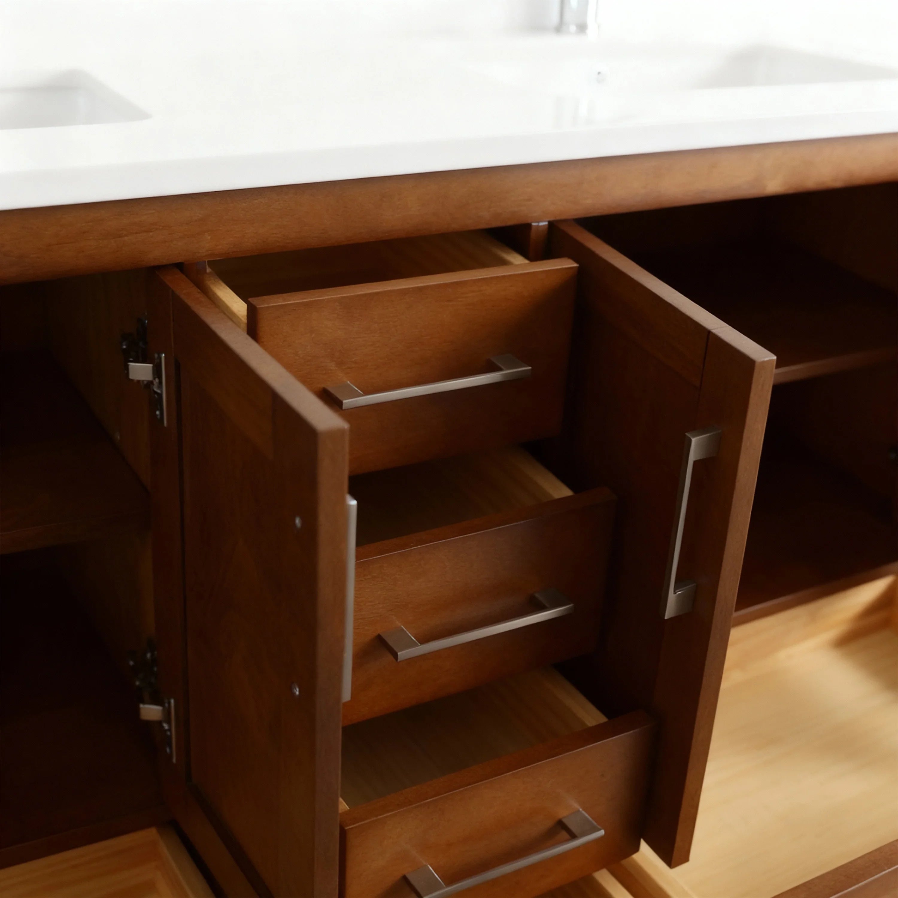 60" Walnut Freestanding Double Sink Bathroom Vanity with Engineered White Marble Countertop