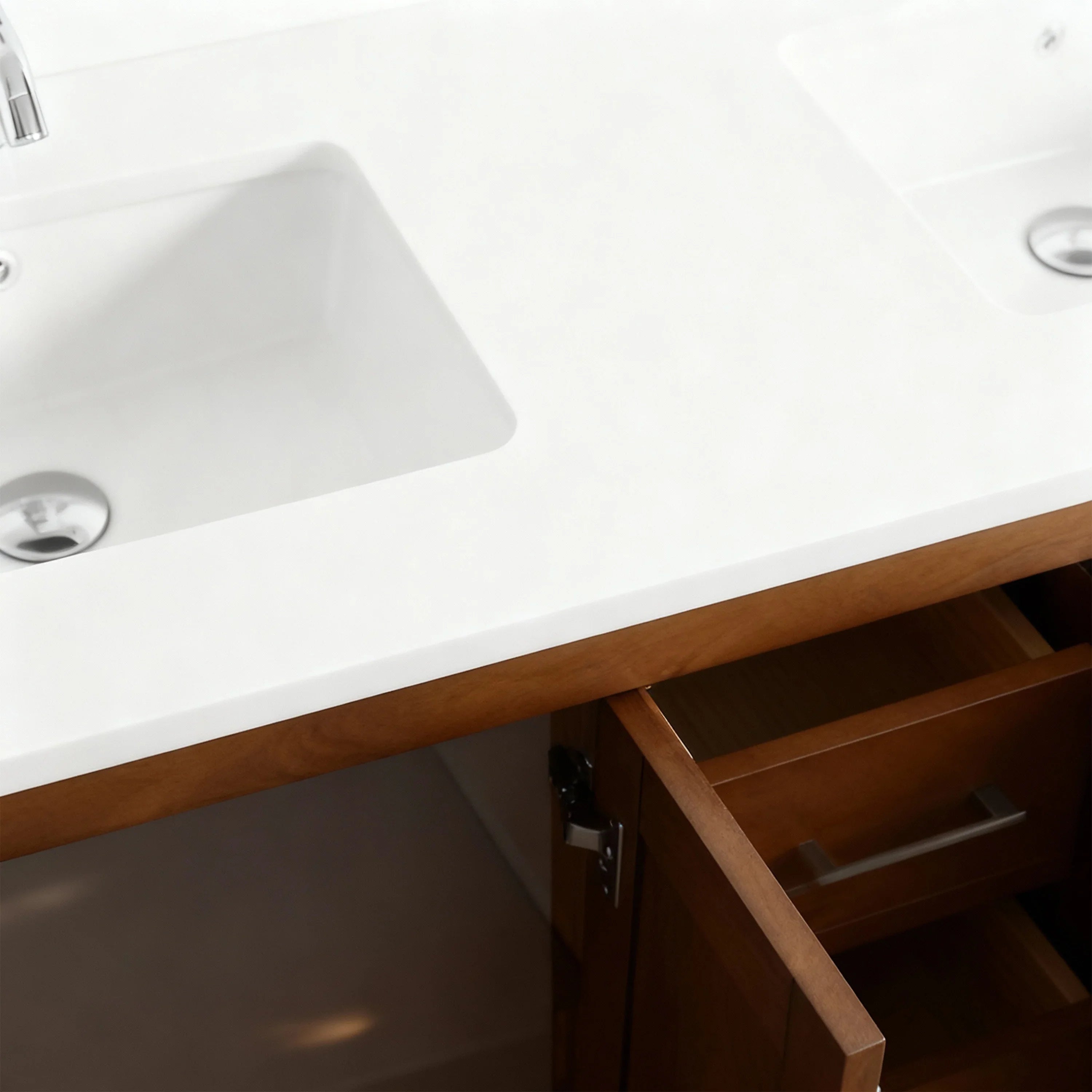 60" Walnut Freestanding Double Sink Bathroom Vanity with Engineered White Marble Countertop