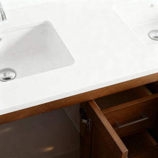 Meuble-lavabo double sur pied en noyer de 60 po avec comptoir en marbre blanc reconstitué