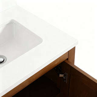 Meuble-lavabo double sur pied en noyer de 60 po avec comptoir en marbre blanc reconstitué