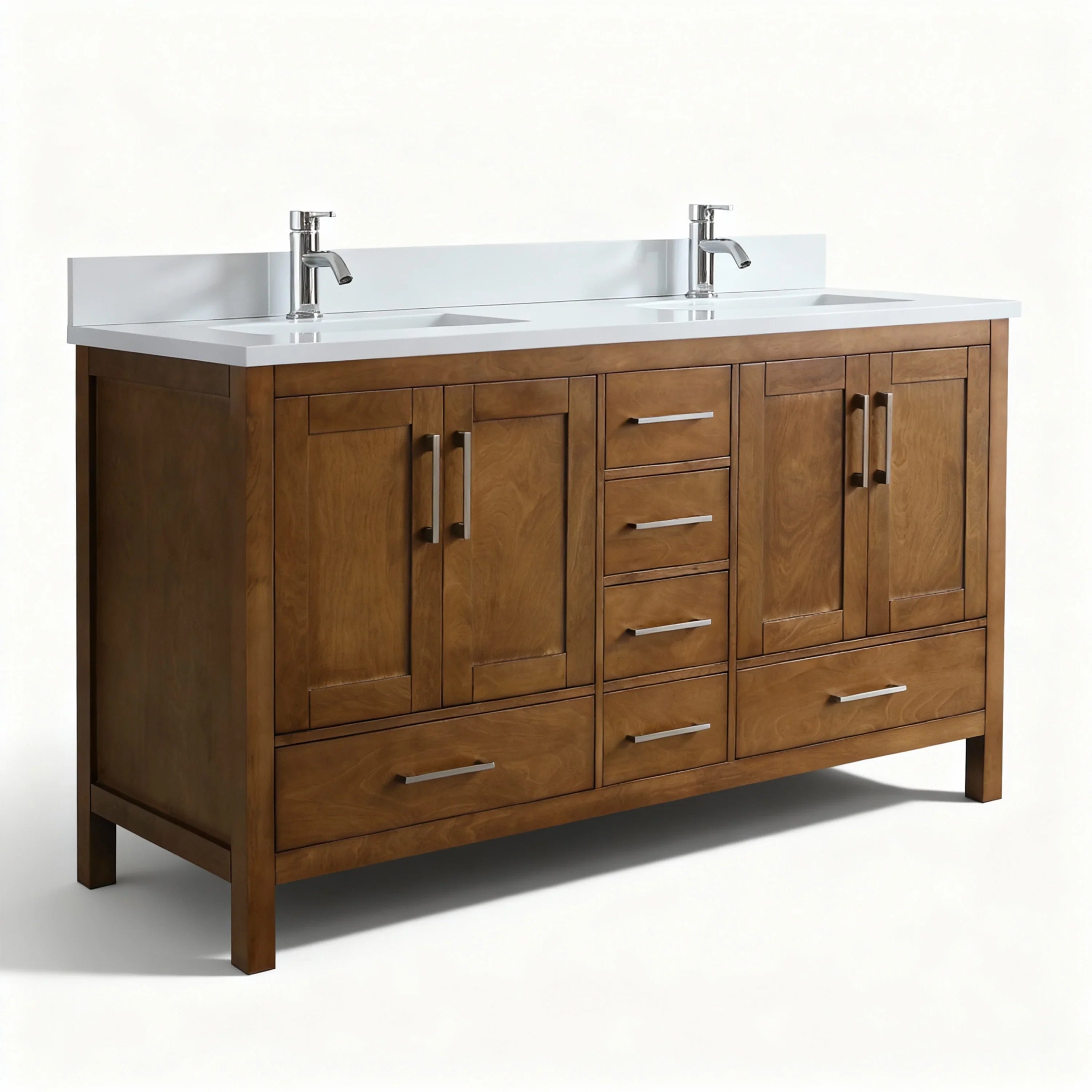 60" Walnut Freestanding Double Sink Bathroom Vanity with Engineered White Marble Countertop