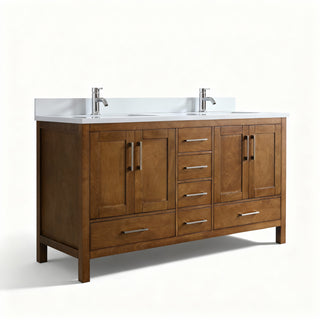 Meuble-lavabo double sur pied en noyer de 60 po avec comptoir en marbre blanc reconstitué