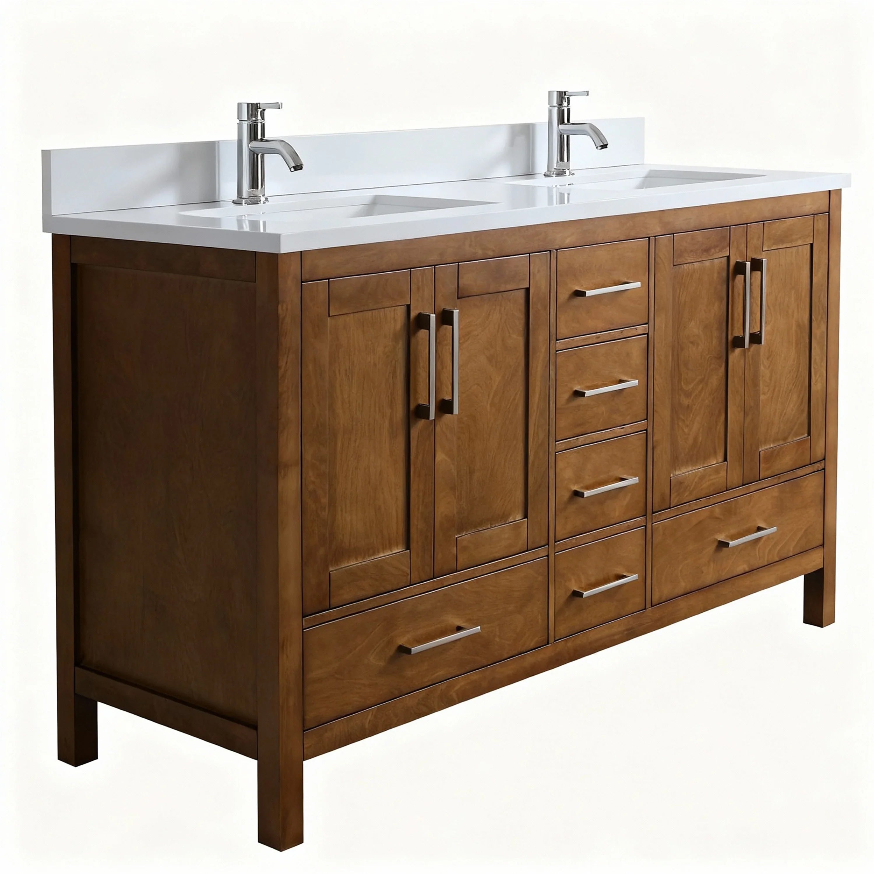 60" Walnut Freestanding Double Sink Bathroom Vanity with Engineered White Marble Countertop