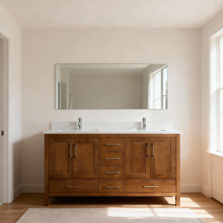 Meuble-lavabo double sur pied en noyer de 60 po avec comptoir en marbre blanc reconstitué