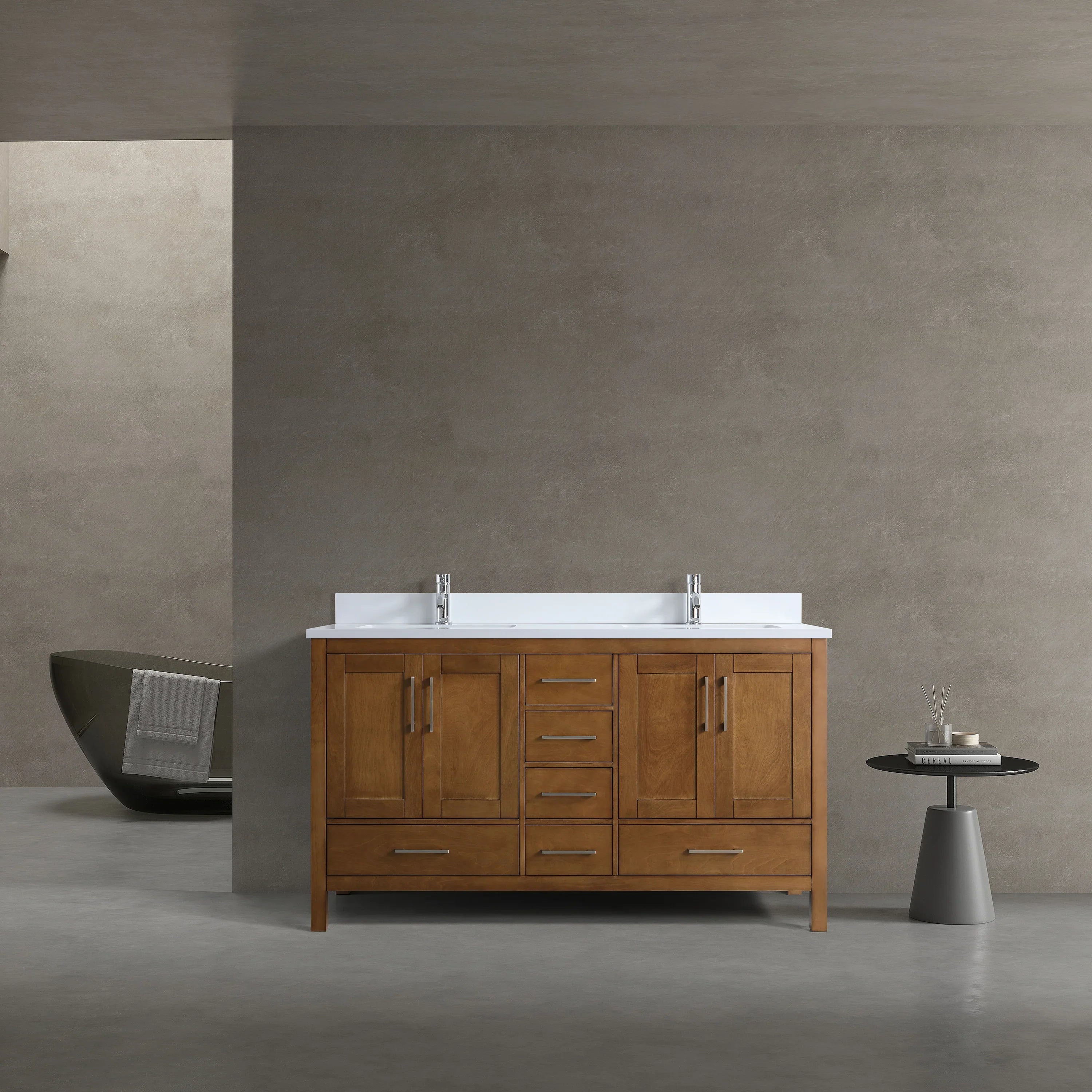 60" Walnut Freestanding Double Sink Bathroom Vanity with Engineered White Marble Countertop
