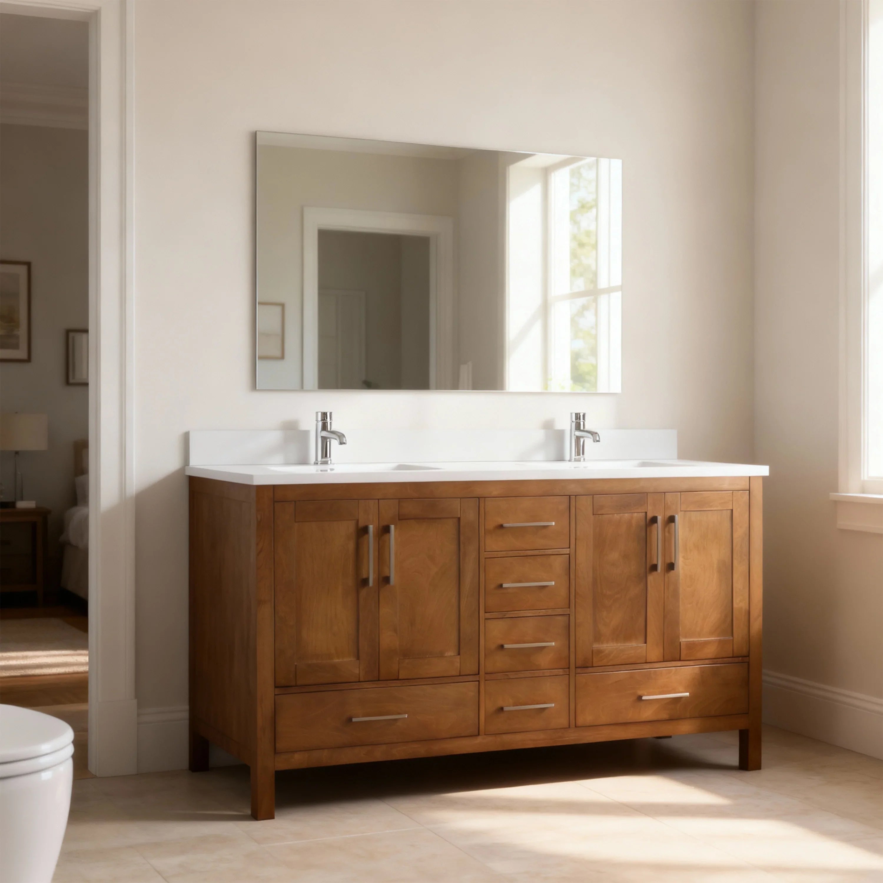 60" Walnut Freestanding Double Sink Bathroom Vanity with Engineered White Marble Countertop