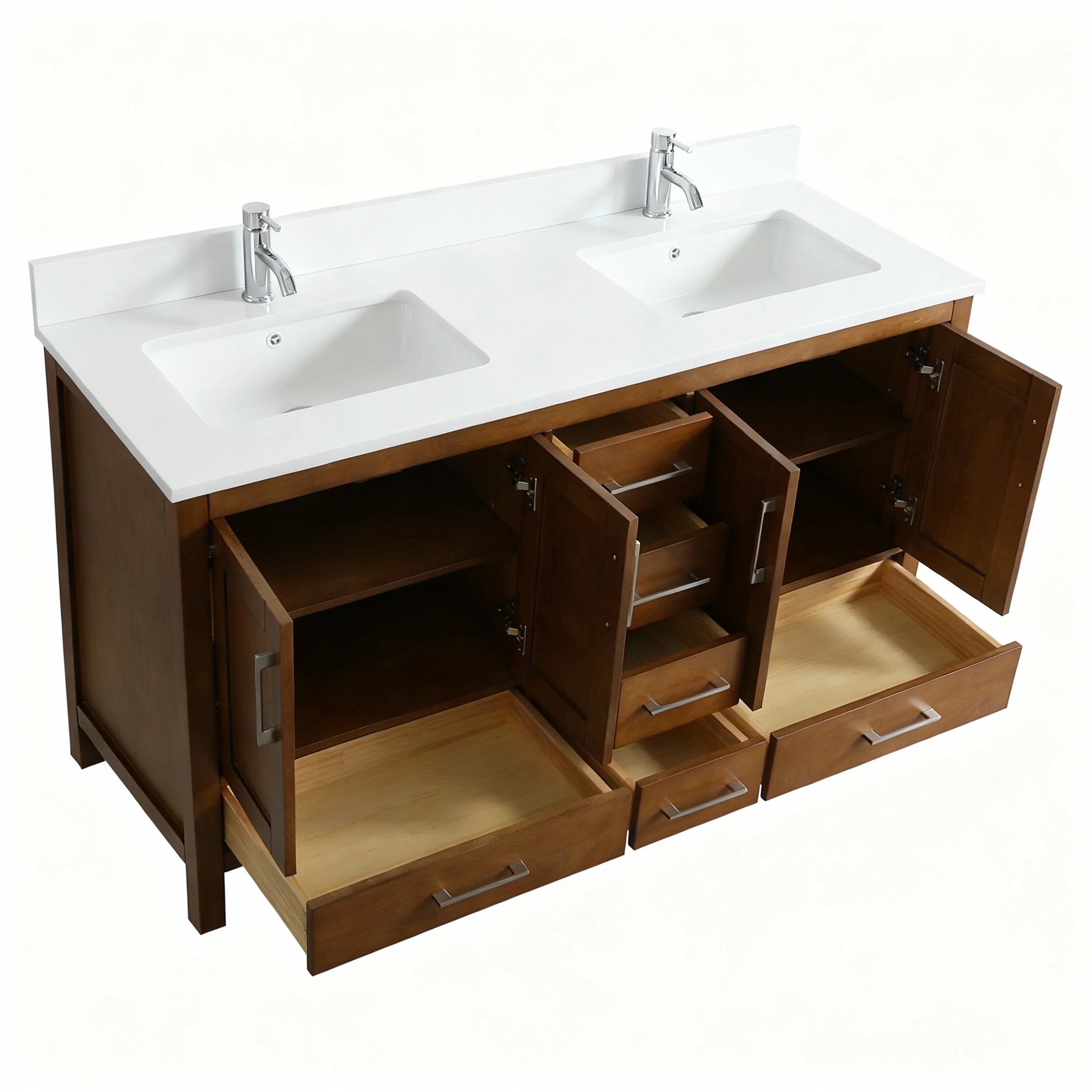 60" Walnut Freestanding Double Sink Bathroom Vanity with Engineered White Marble Countertop