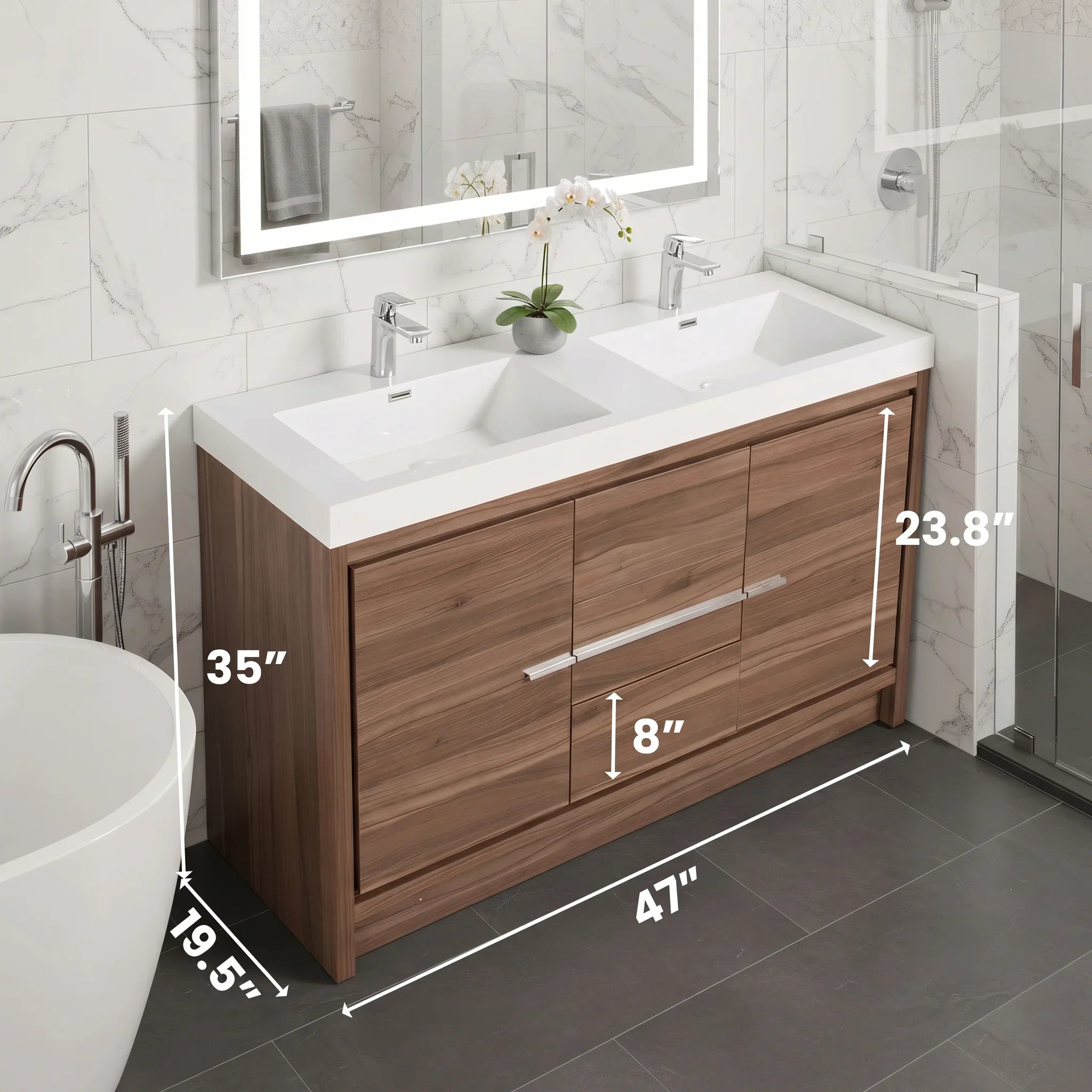 60" Walnut Freestanding Double Sink Bathroom Vanity with White Polymarble Countertop