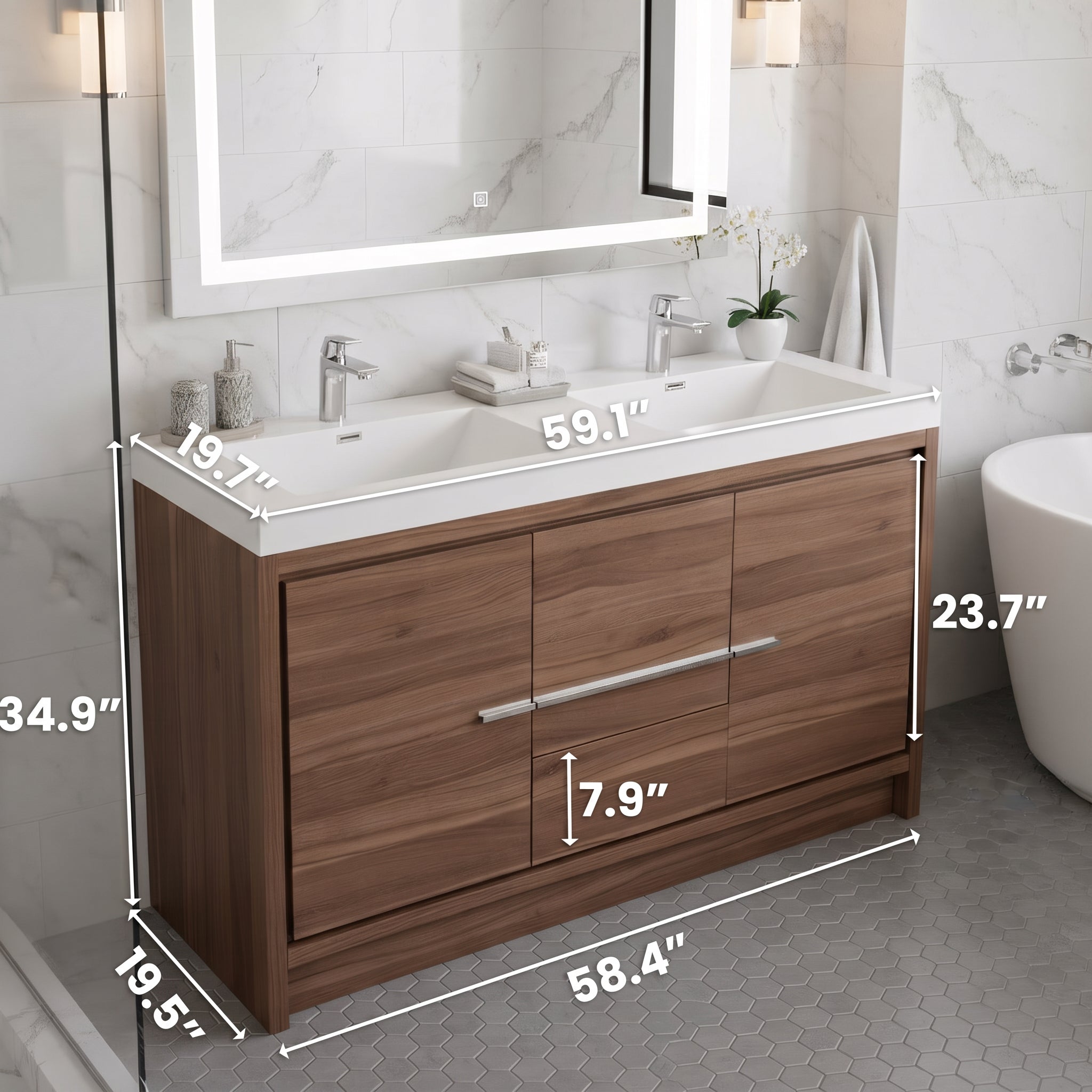 Meuble-lavabo double autoportant en noyer de 60" avec Comptoir en polymarbre blanc