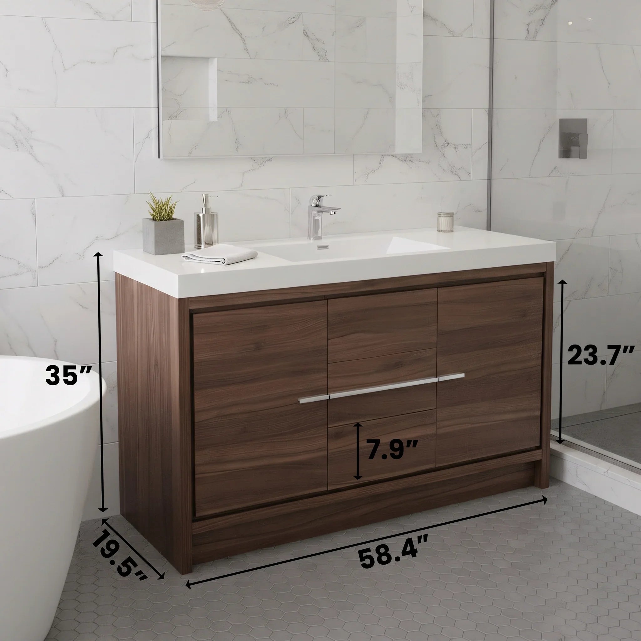 60" Walnut Freestanding Single Sink Bathroom Vanity with White Polymarble Countertop