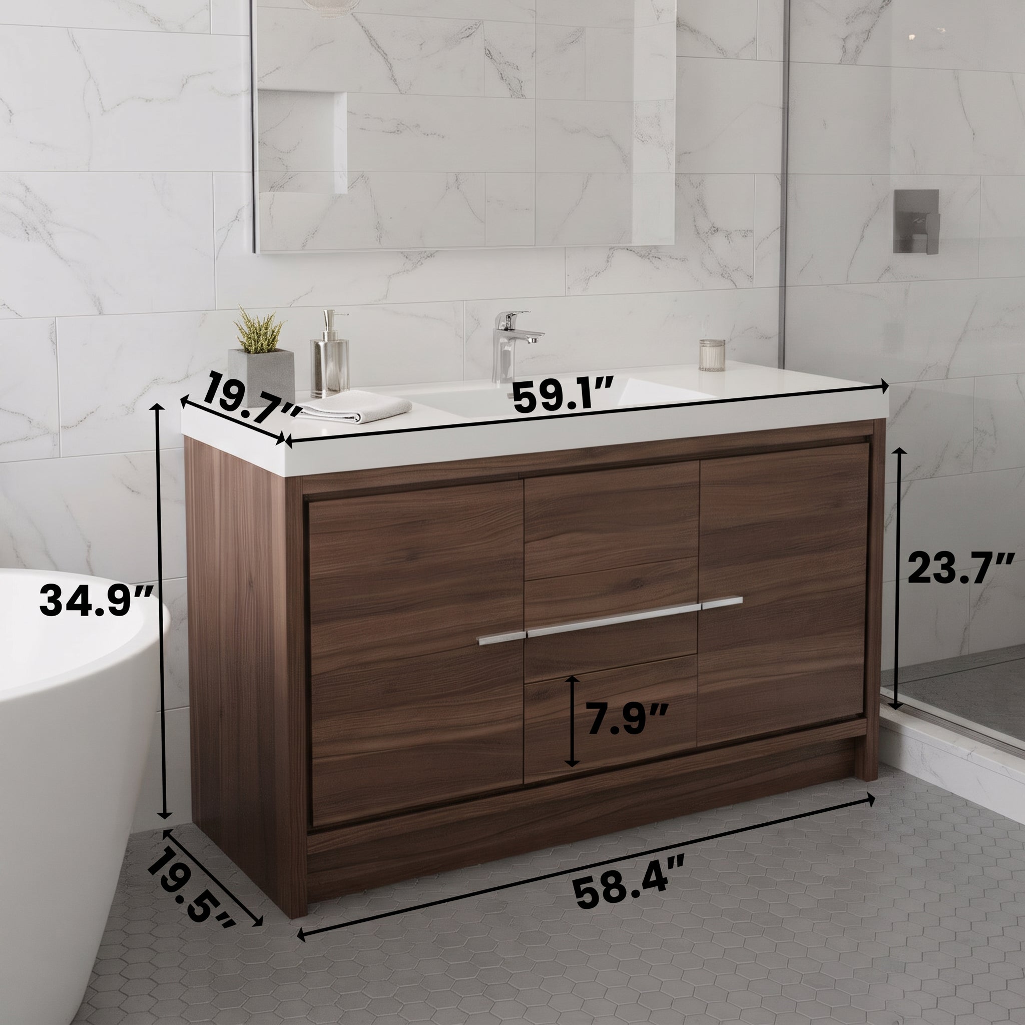 Meuble-lavabo de salle de bain autoportant simple en noyer de 60" avec Comptoir en polymarbre blanc