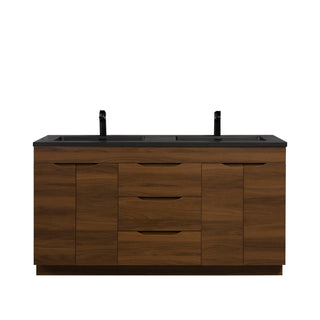 60" Walnut Freestanding Double Sink Bathroom Vanity with Black Engineered Quartz Countertop