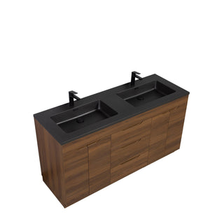 60" Walnut Freestanding Double Sink Bathroom Vanity with Black Engineered Quartz Countertop