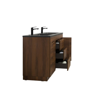 60" Walnut Freestanding Double Sink Bathroom Vanity with Black Engineered Quartz Countertop