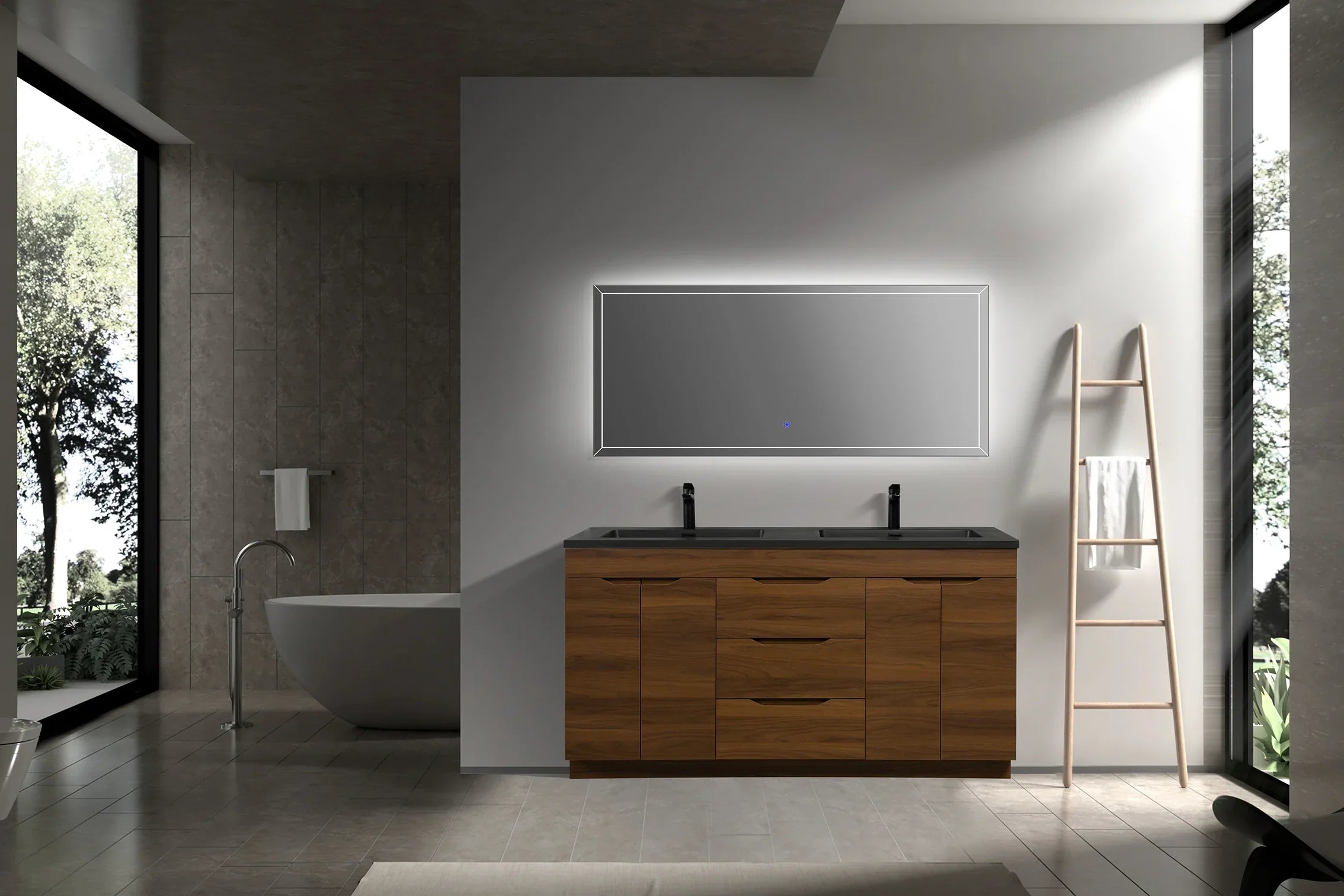 60" Walnut Freestanding Double Sink Vanity with Black Engineered Quartz Countertop