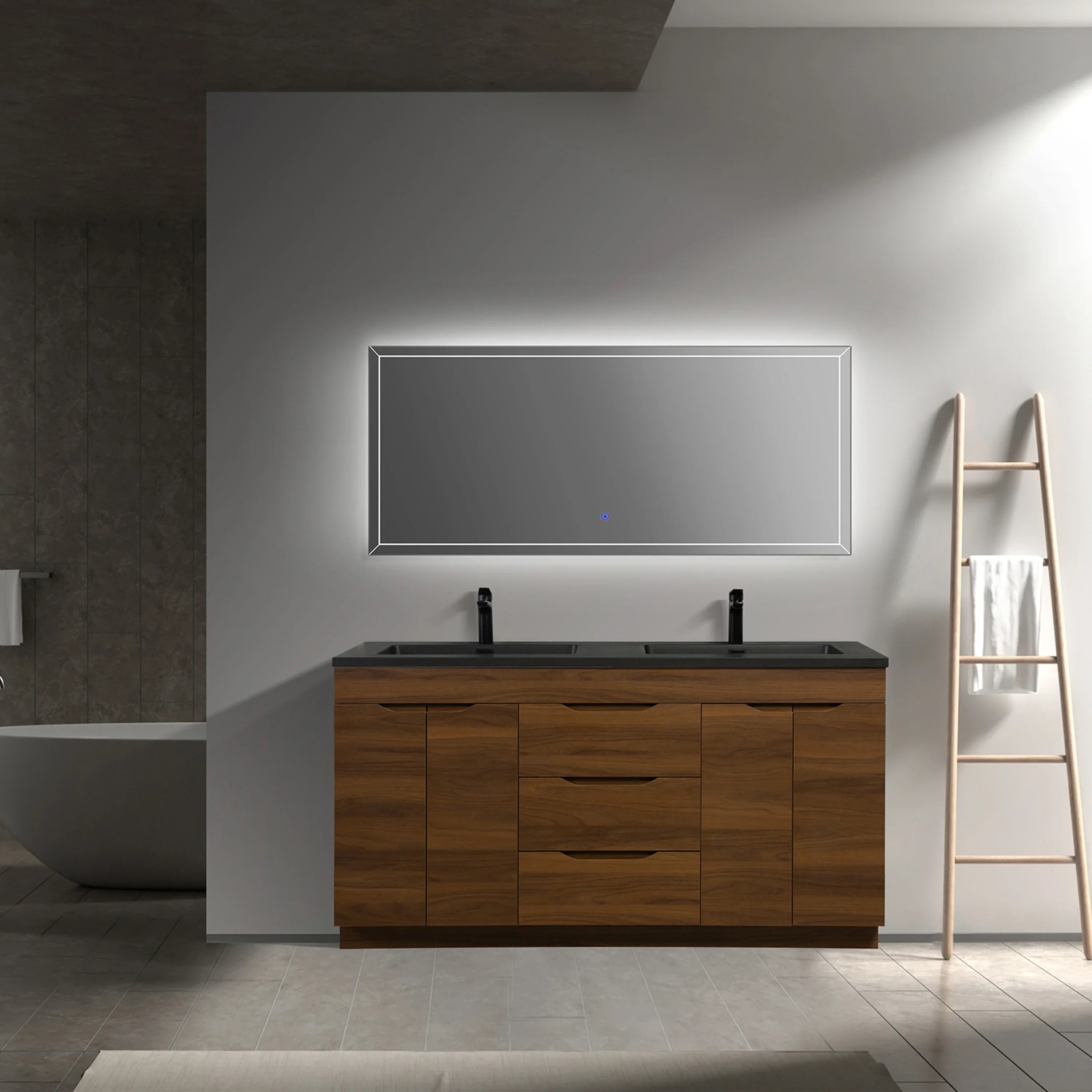 60" Walnut Freestanding Double Sink Vanity with Black Engineered Quartz Countertop