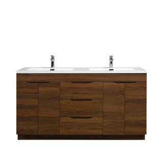 60" Walnut Freestanding Double Sink Bathroom Vanity with White Polymarble Countertop