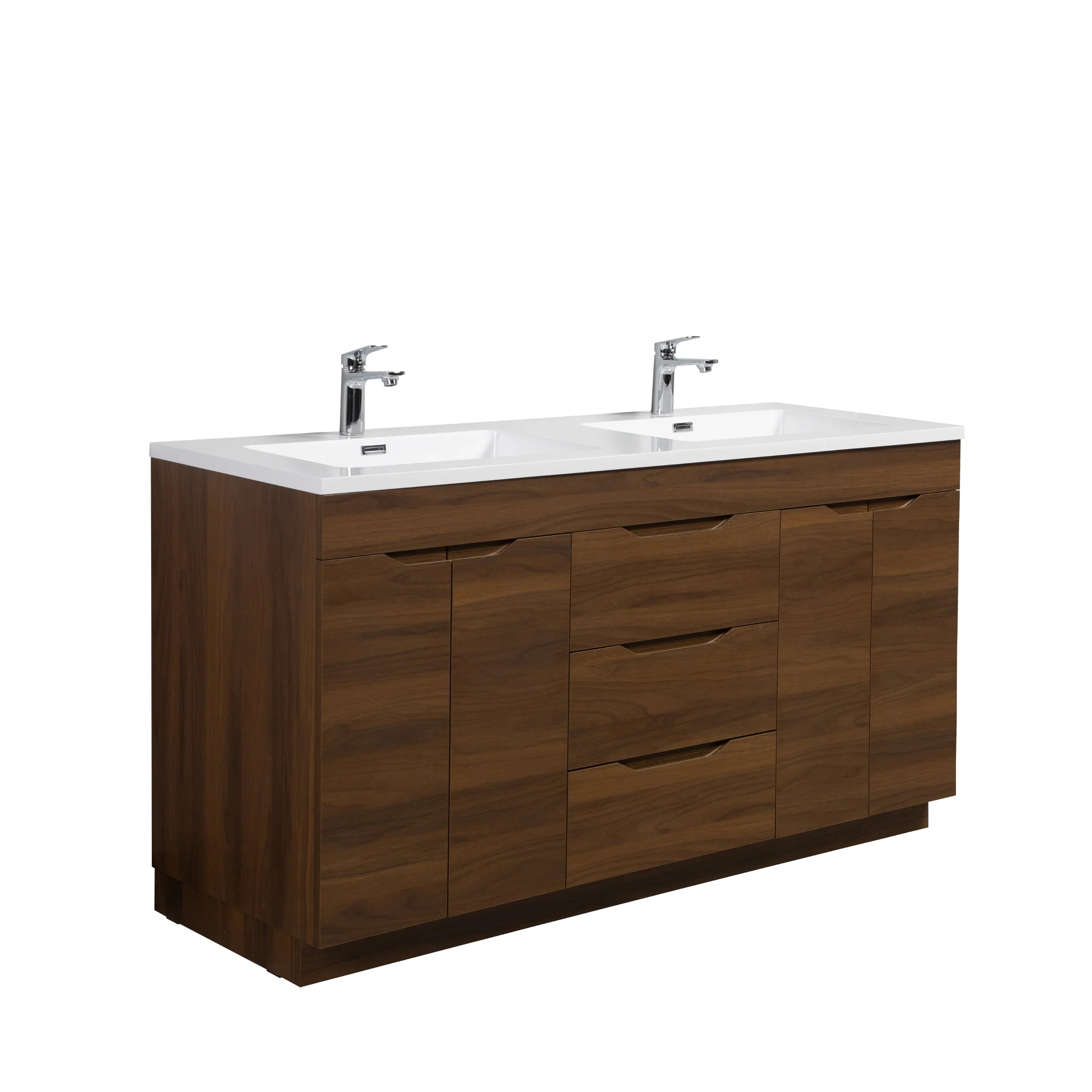Meuble Lavabo Double Noyer 60 po avec Comptoir Polymarbre Blanc - Collection Augusta