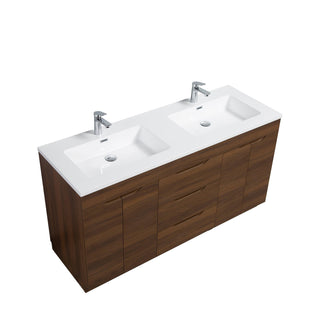 60" Walnut Freestanding Double Sink Bathroom Vanity with White Polymarble Countertop