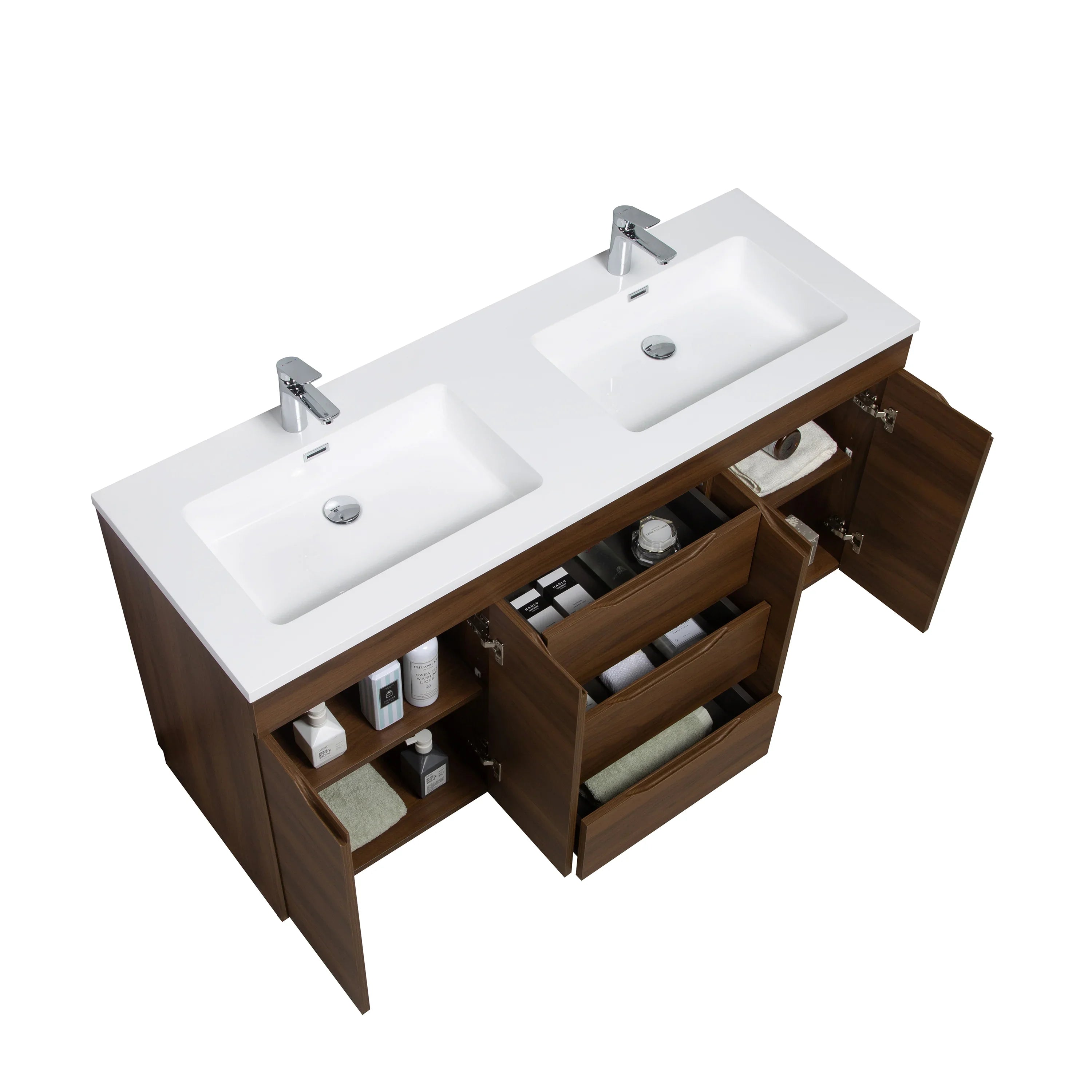 Meuble Lavabo Double Noyer 60 po avec Comptoir Polymarbre Blanc - Collection Augusta