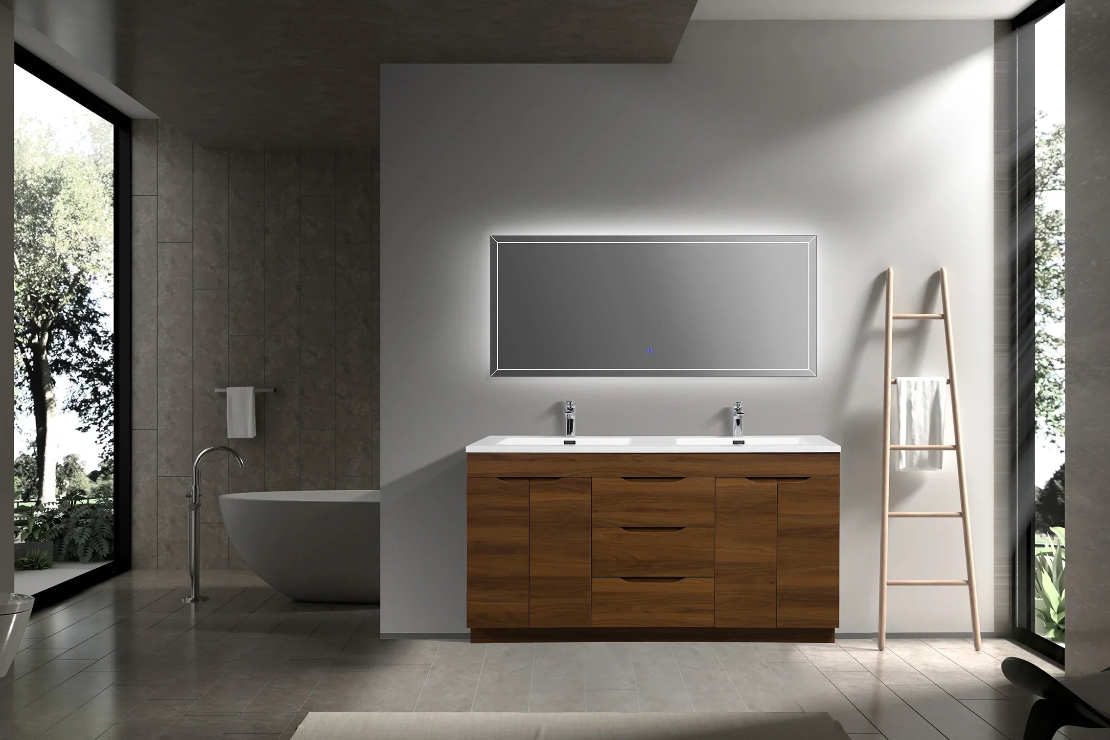 60" Walnut Freestanding Double Sink Vanity with White Polymarble Countertop - Augusta Collection