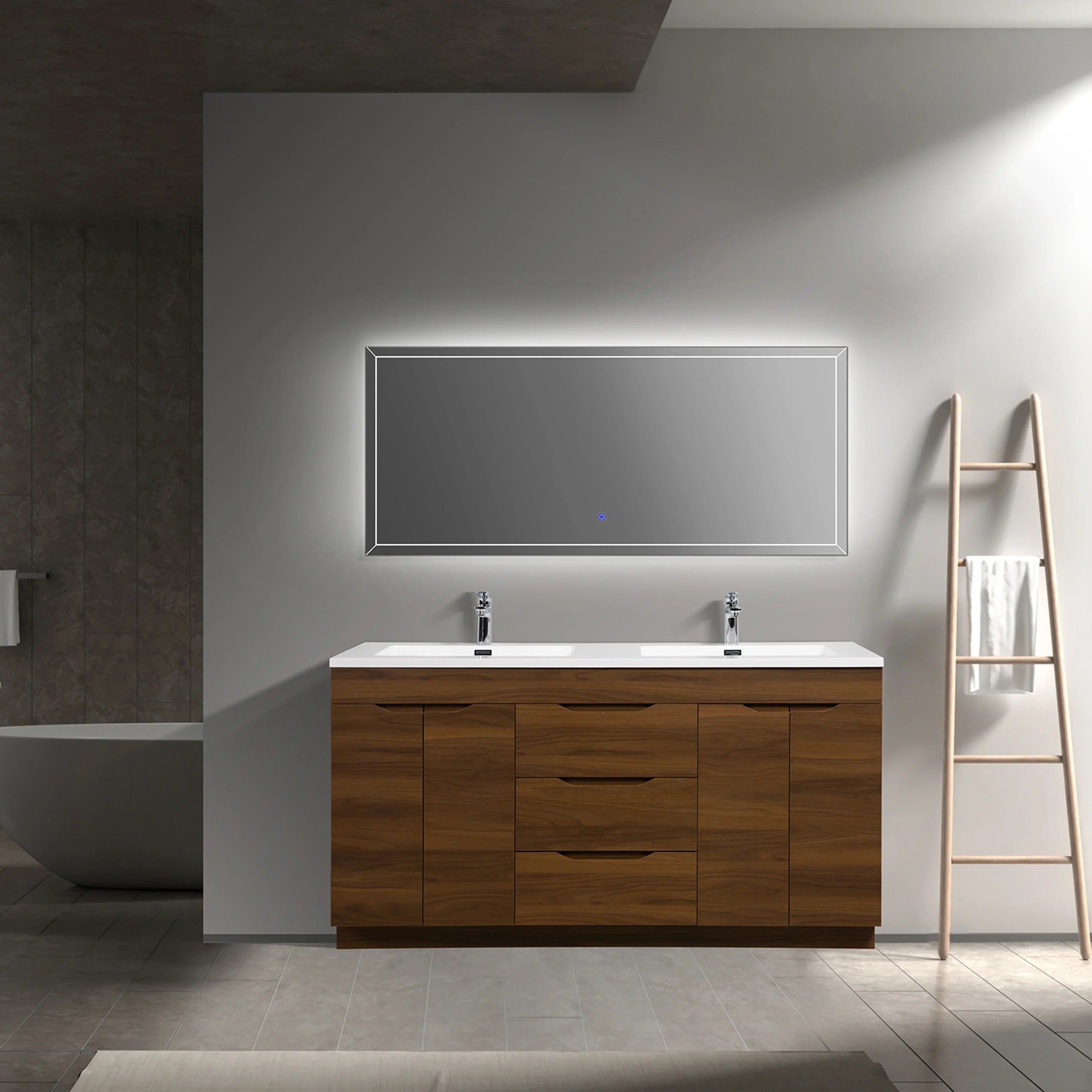 60" Walnut Freestanding Double Sink Vanity with White Polymarble Countertop - Augusta Collection