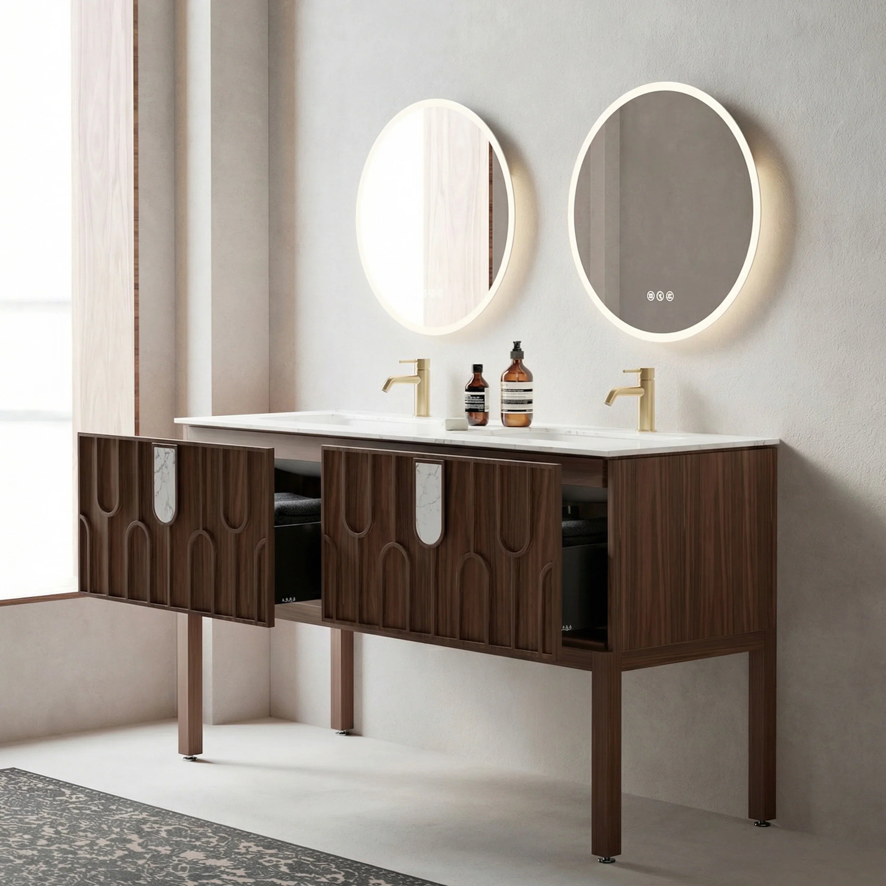 Belfort 60" Double Sink Walnut Vanity - White Carrera Marble Top