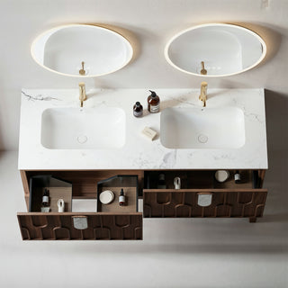 Meuble-lavabo double vasque Belfort 60 po en noyer - Plan de travail en marbre blanc de Carrare