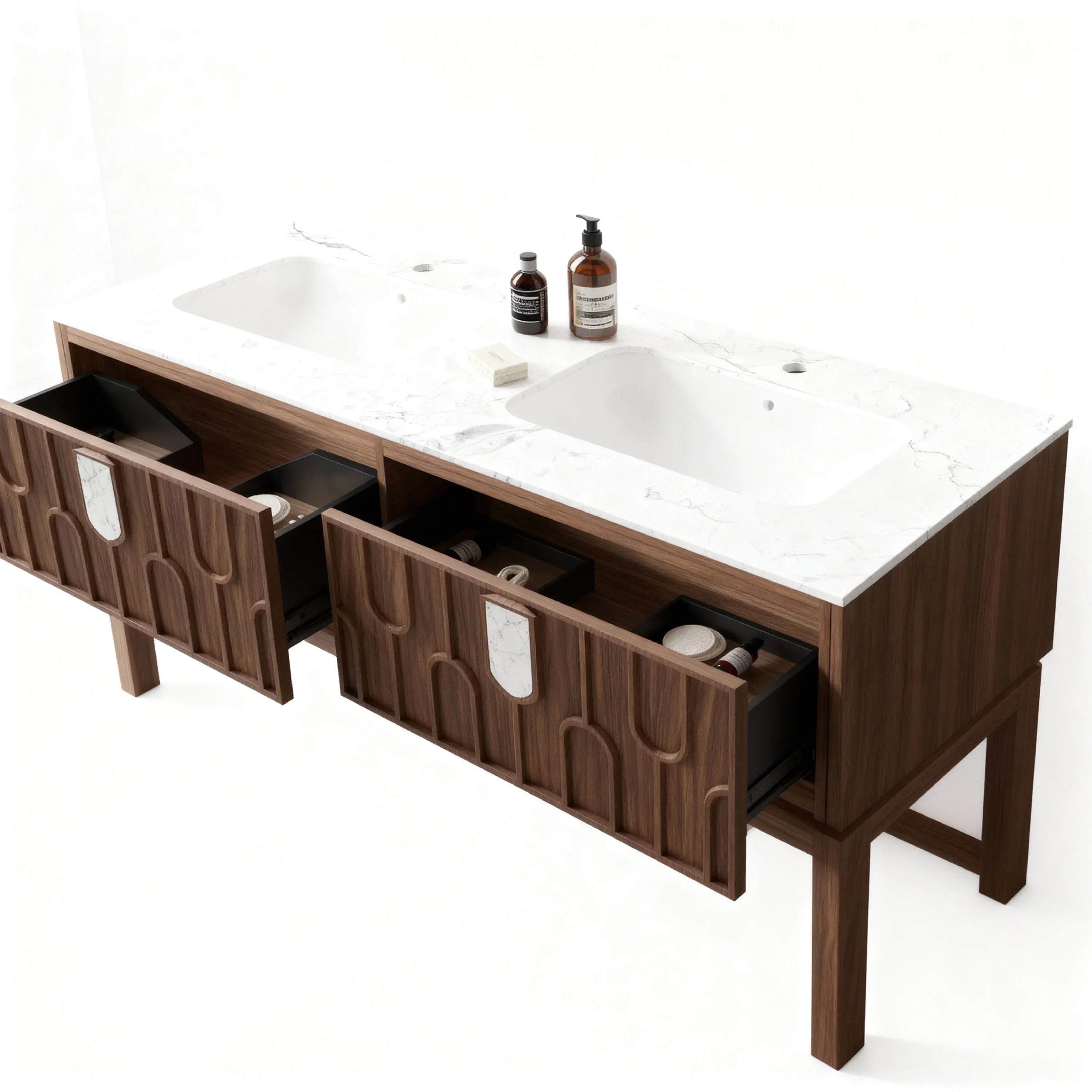 Belfort 60" Double Sink Walnut Vanity - White Carrera Marble Top