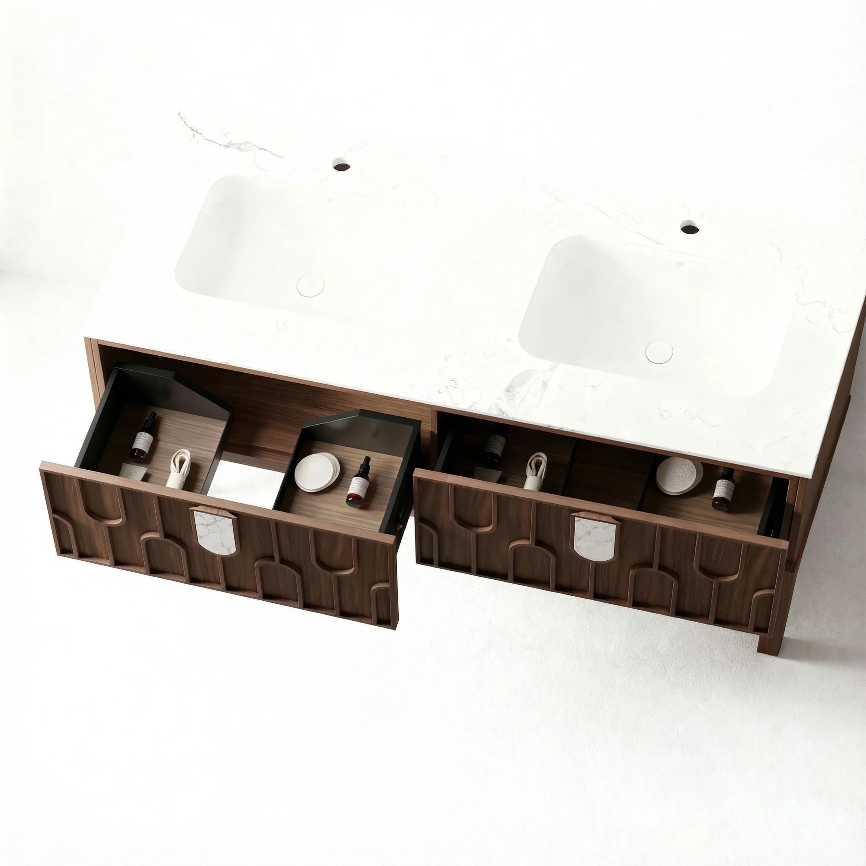 Belfort 60" Double Sink Walnut Vanity - White Carrera Marble Top