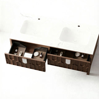 Meuble-lavabo double vasque Belfort 60 po en noyer - Plan de travail en marbre blanc de Carrare