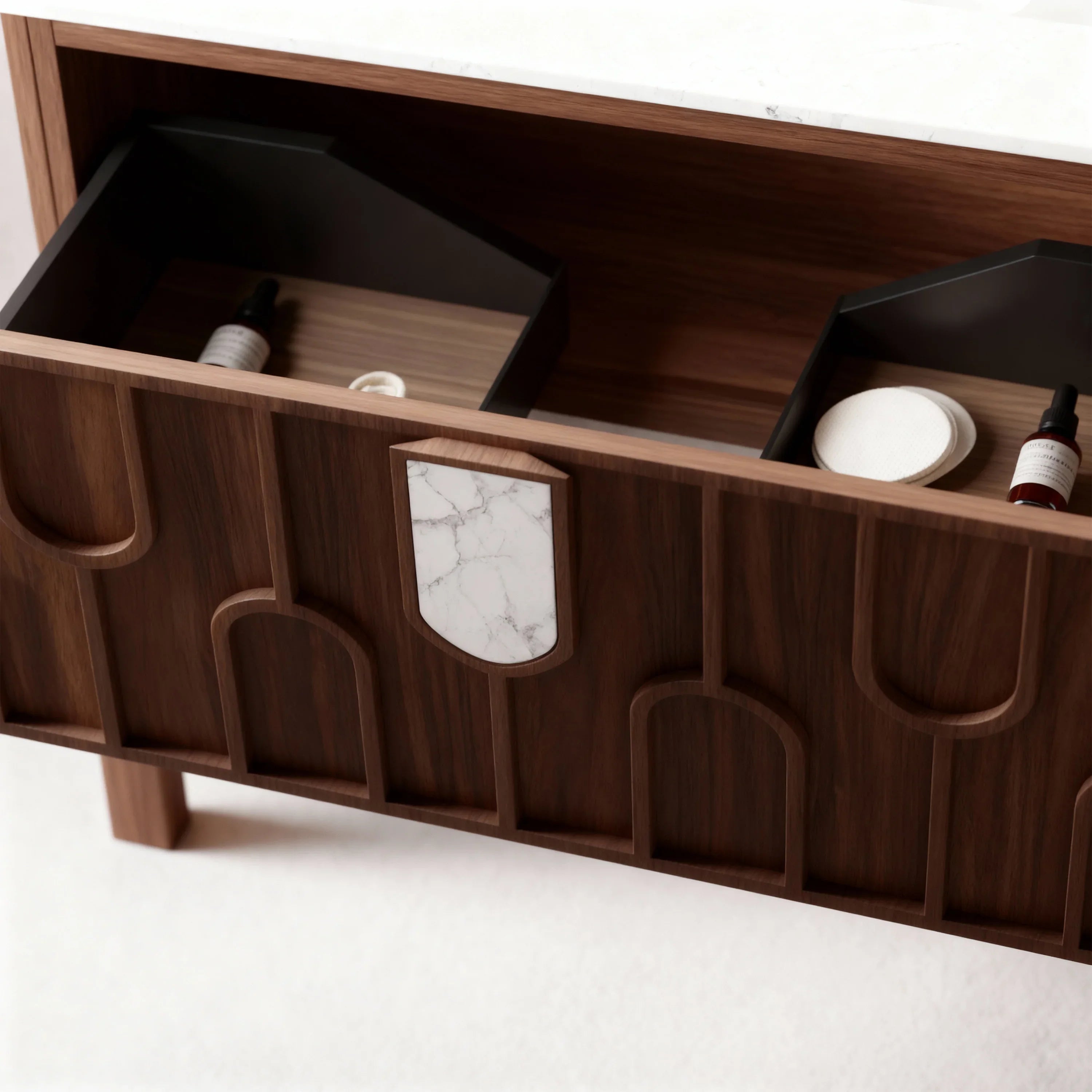 Belfort 60" Double Sink Walnut Vanity - White Carrera Marble Top