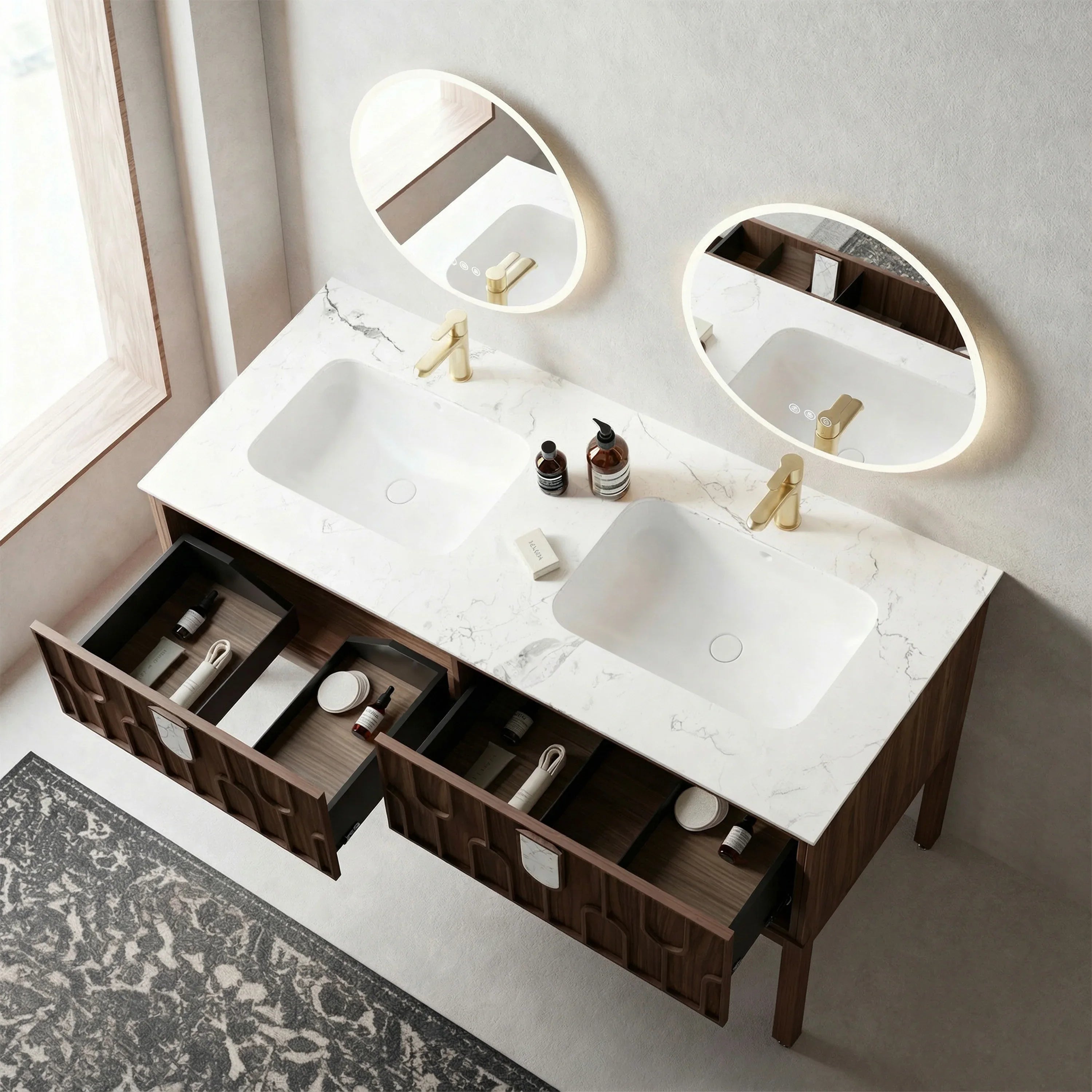 Belfort 60" Double Sink Walnut Vanity - White Carrera Marble Top