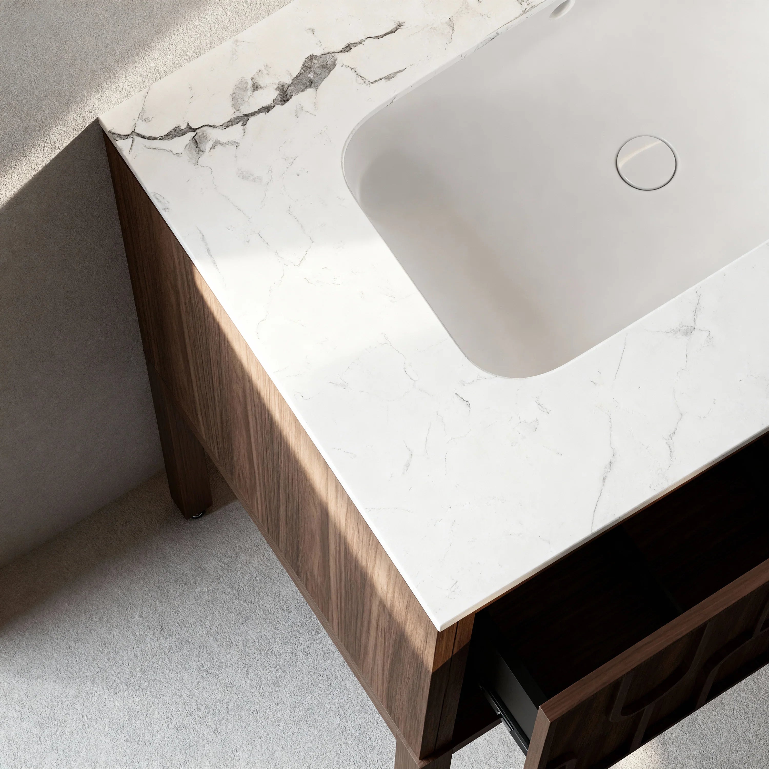 Belfort 60" Double Sink Walnut Vanity - White Carrera Marble Top