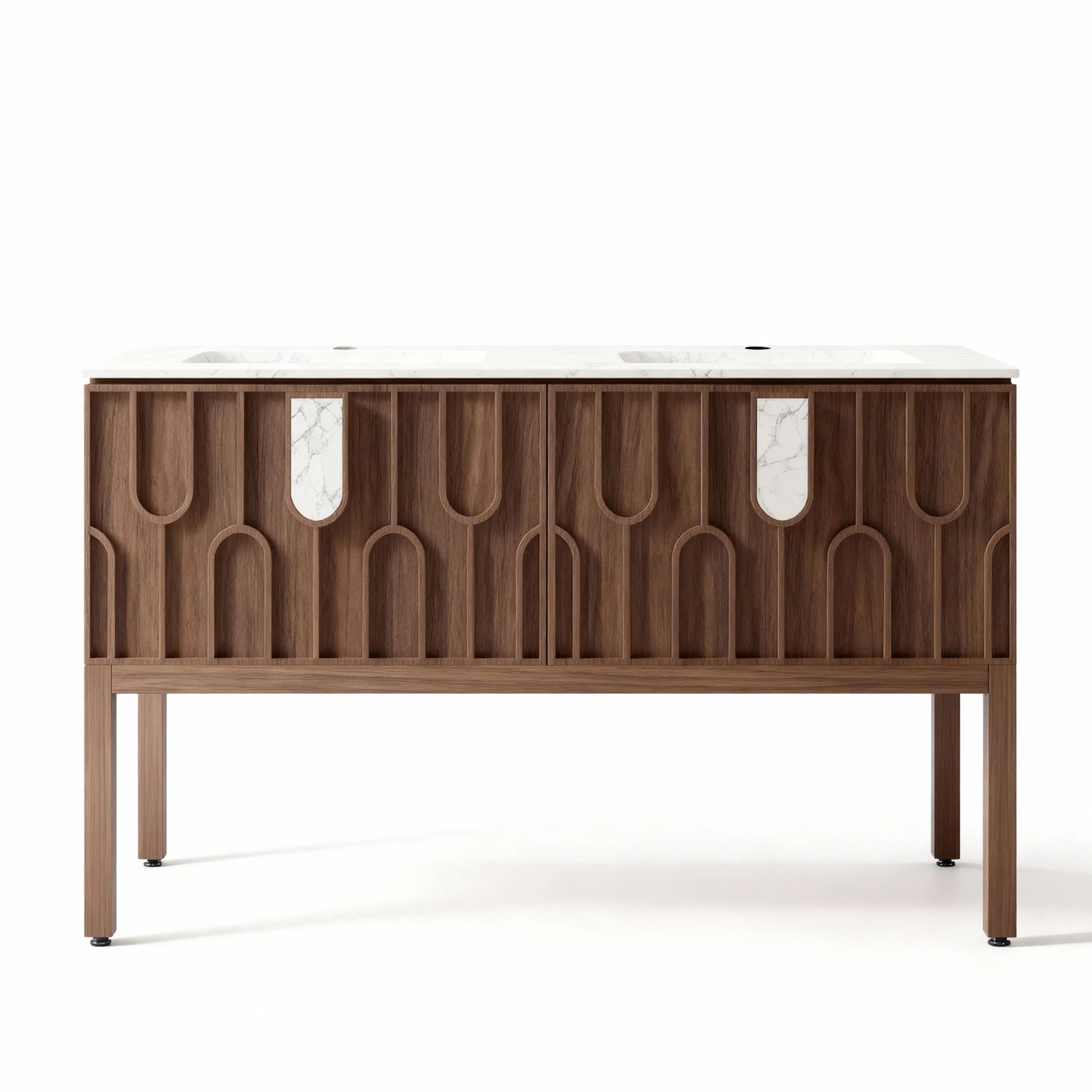 Belfort 60" Double Sink Walnut Vanity - White Carrera Marble Top