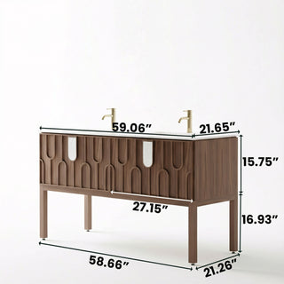 Meuble-lavabo double vasque Belfort 60 po en noyer - Plan de travail en marbre blanc de Carrare