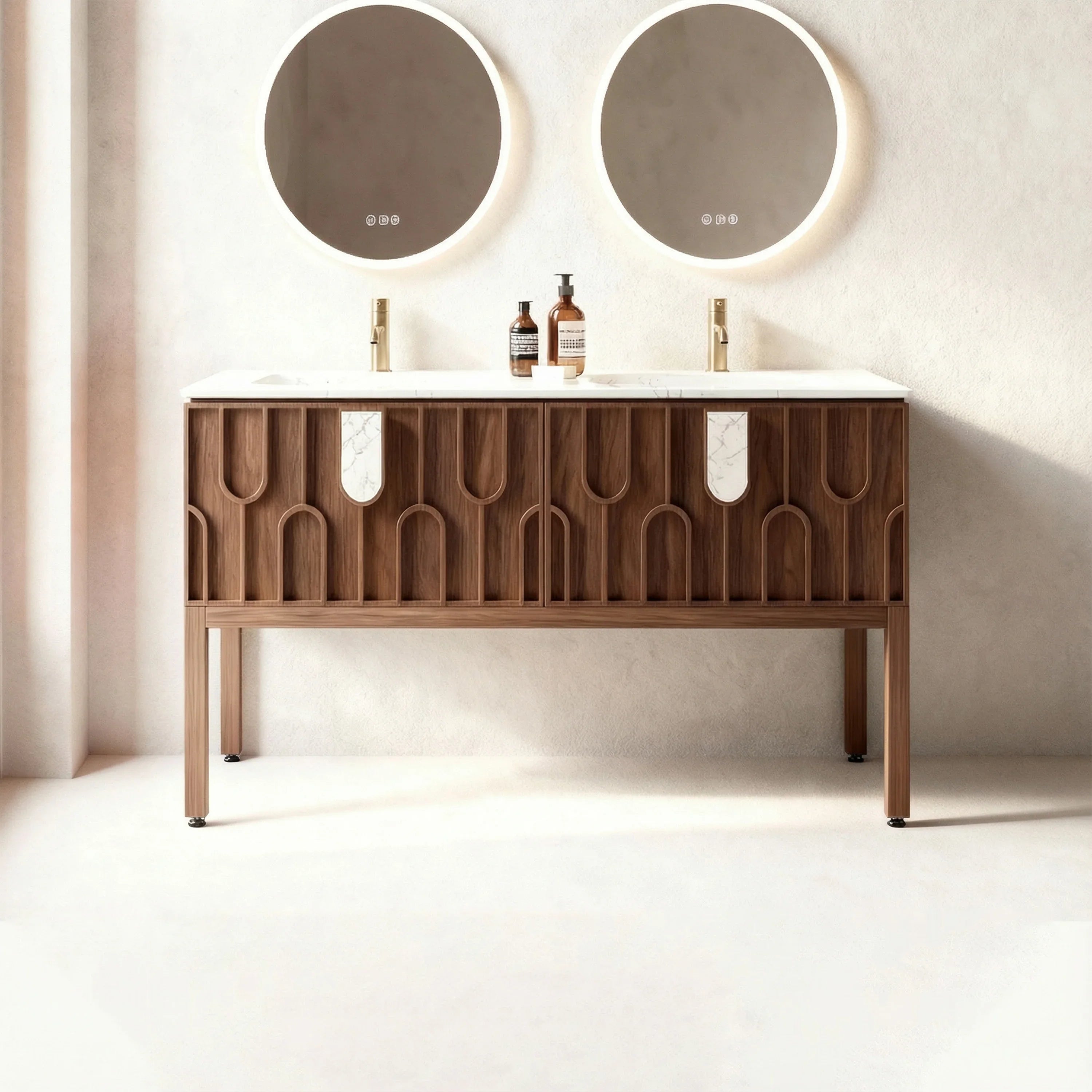 Belfort 60" Double Sink Walnut Vanity - White Carrera Marble Top