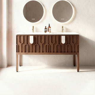 Meuble-lavabo double vasque Belfort 60 po en noyer - Plan de travail en marbre blanc de Carrare